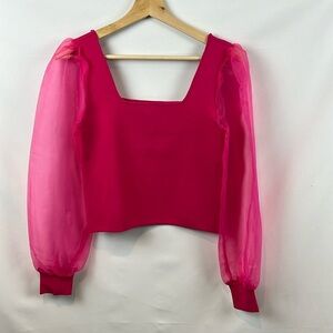 House of Harlow 1960 Hot Pink Sheer Puff Long‎ Sleeve Cropped Knit Top Size S